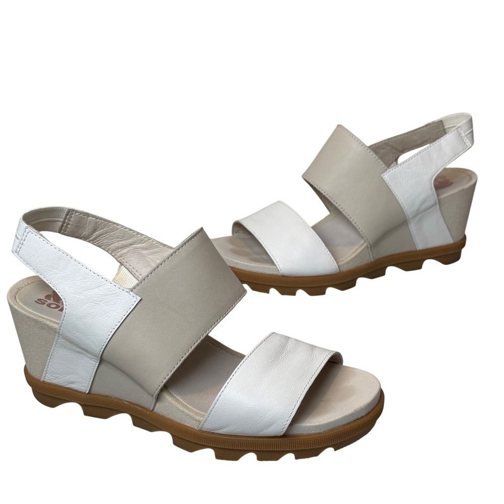 Sorel Joanie II Slingback Leather Fabric Sandals Sea Salt Wedges Womens Size 10